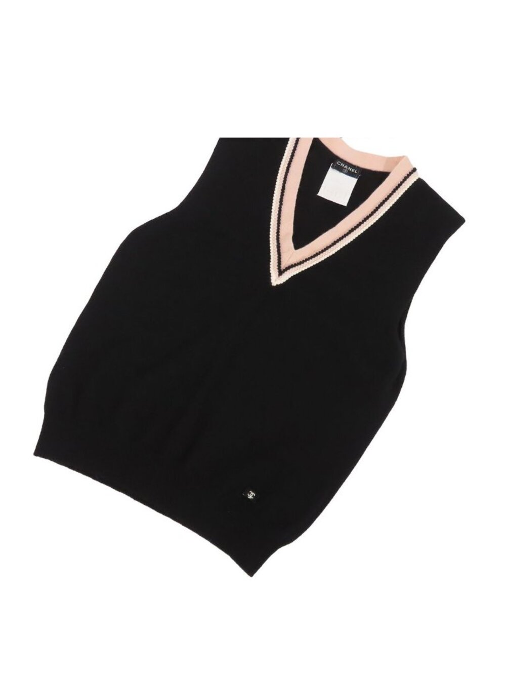 Chanel Knit Vest Black Pink White Cashmere Sweater CC Logo 03A Top 38
